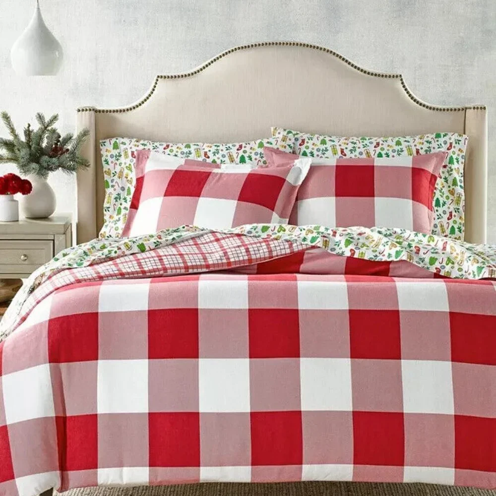7 Pc Set Charter Club Red Check Flannel Duvet Cover Sheets Shams